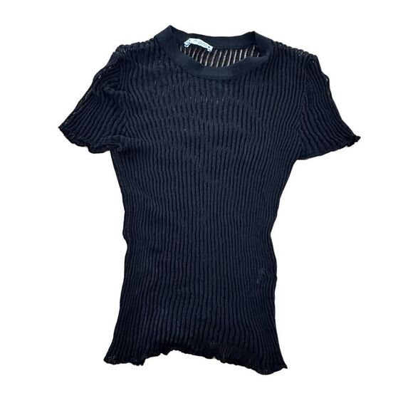 Zara Womens Black Short Sleeves Pullover Striped See Through T-Shirt Medium - Picture 2 of 4